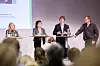 OPTIMISME? Kirsti Bergstøl fra SV, Bente Stein Mathisen fra Høyre og Fredric Holden Bjørdal fra Arbeiderpartiet og møtte forbundsleder i NFU Jens Petter Gitlesen til debatt.
