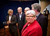 OPPSTART: Tarifforhandlingene i staten startet tirsdag. Foran: LO Stats leder Tone Rønoldtangen. Bak fra venstre: Petter Aaslestad (Unio stat), Anders Kvam (Akademikerne Stat) og GIsle Norheim, statens personaldirektør og - delvis skjult - Pål Arnesen (YS Stat)