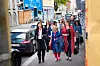 KLARE: FOs delegater på vei til kongressåpning på Folkets Hus mandag formiddag. I front Marianne Solberg Johnsen (t.v.), Mimmi Kvisvik og Kathrine Haugland Martinsen fra forbundsledelsen.
